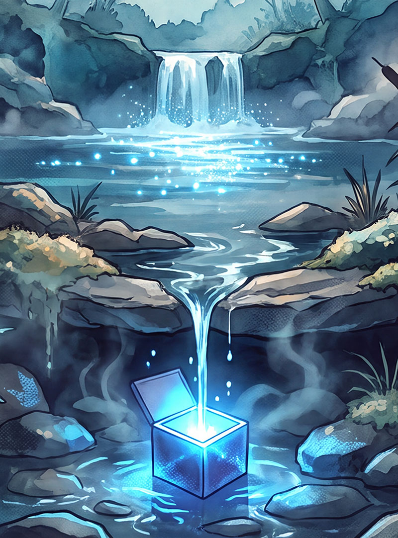 Ein blau leuchtender Würfel am Fuß eines Wasserfalls zwischen Felsen und Farnen